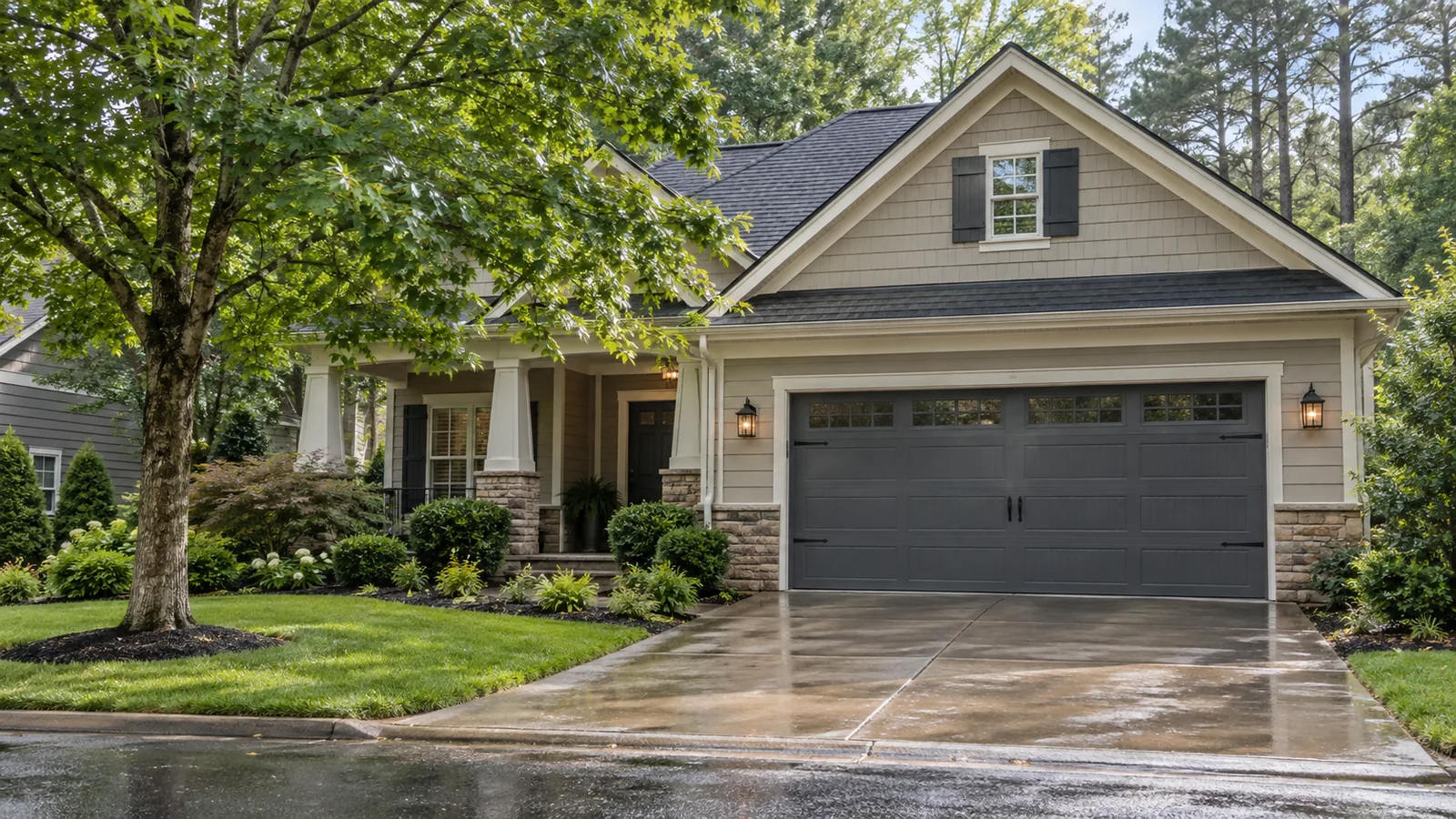 Illustrative leafy residence with a two-car garage door; not a documented local property